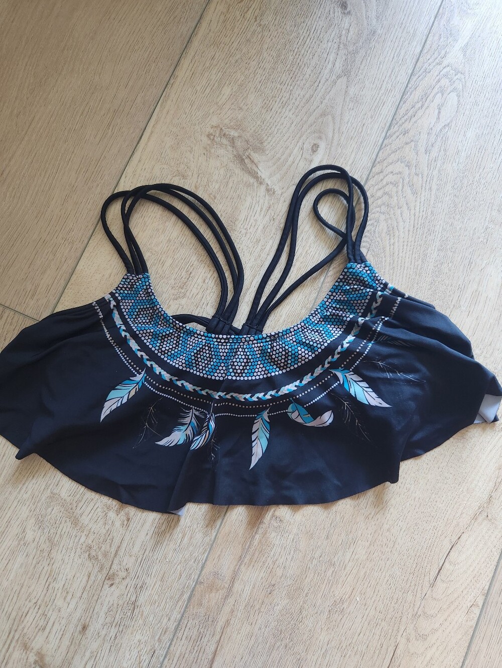 Black Strappy Flounce Swim Top with Teal Feather Accent